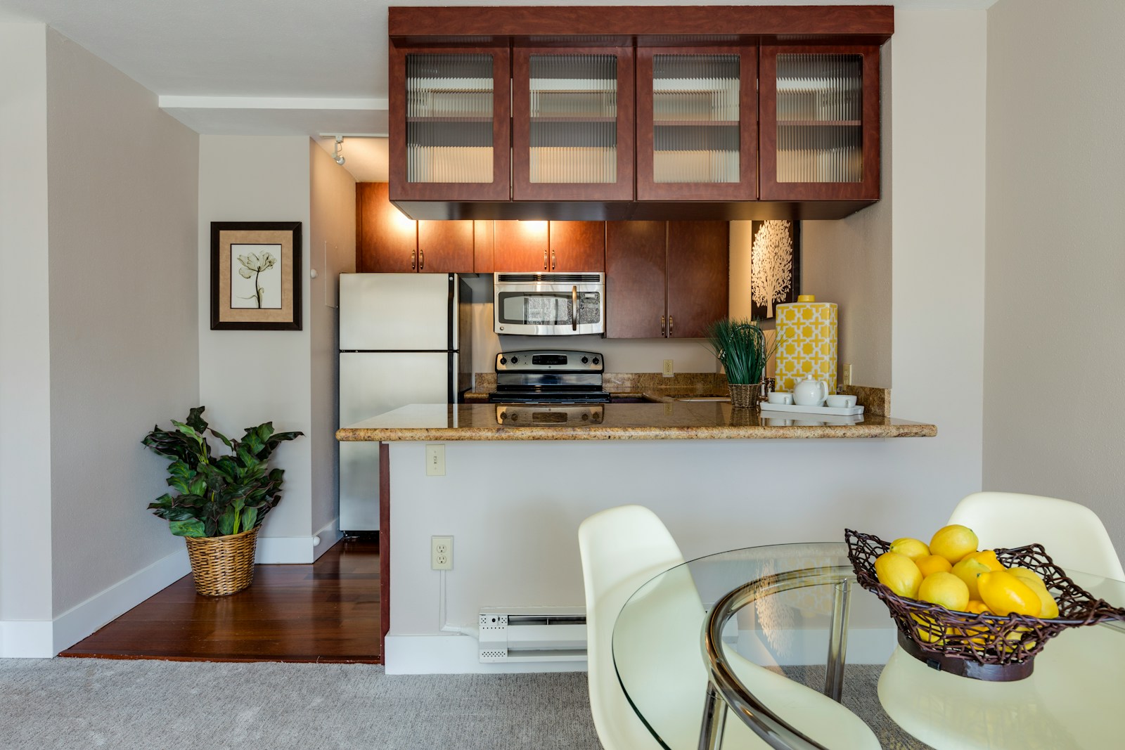 Furnished apartment kitchen and dining area